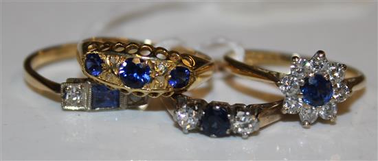 18ct gold & platinum-set sapphire & diamond three-stone ring & 3 other similarly-set sapphire & diamond rings (4)